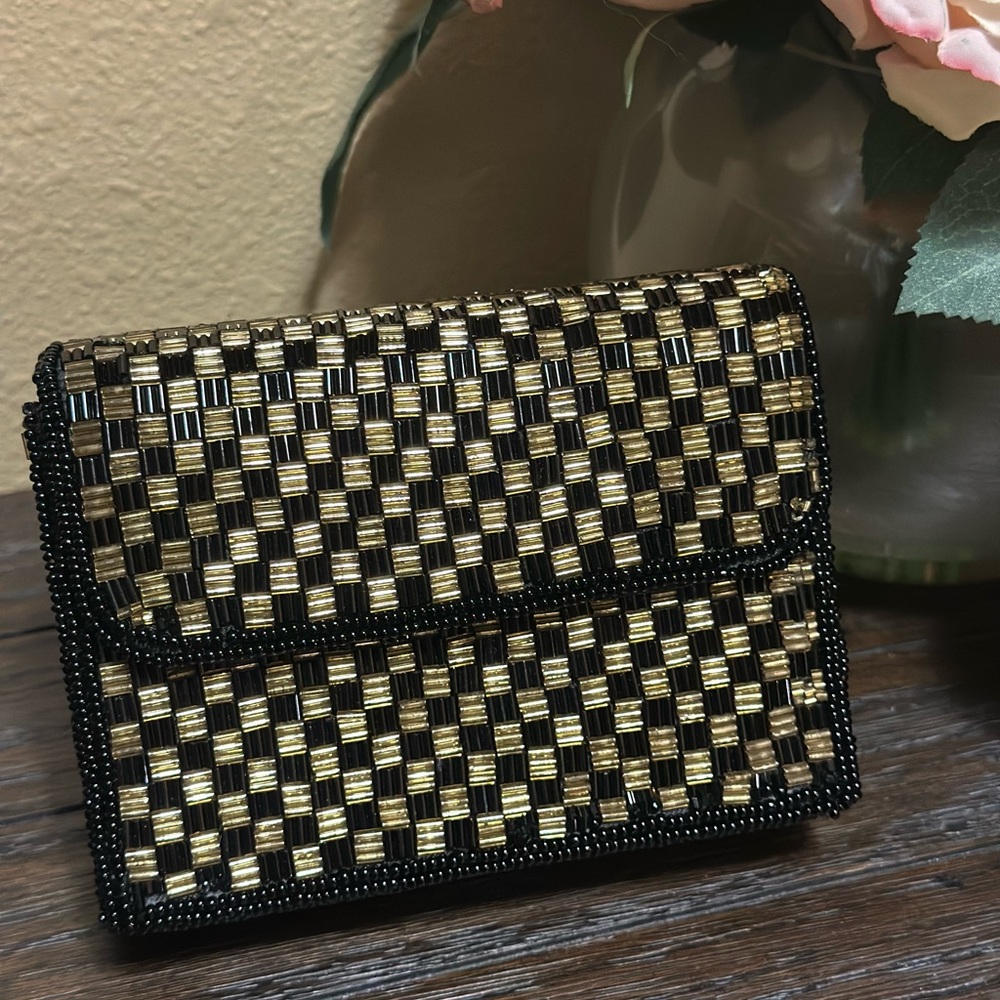 Elegant Black and Gold Beaded Woven Clutch